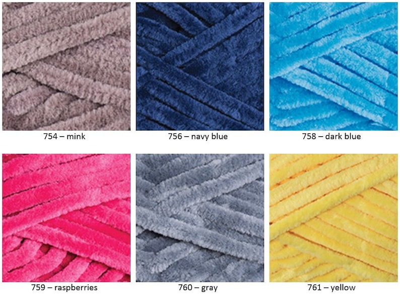 May include: Six skeins of yarn in different colors: mink, navy blue, dark blue, raspberries, gray, and yellow. Each skein is made of a soft, fuzzy material.