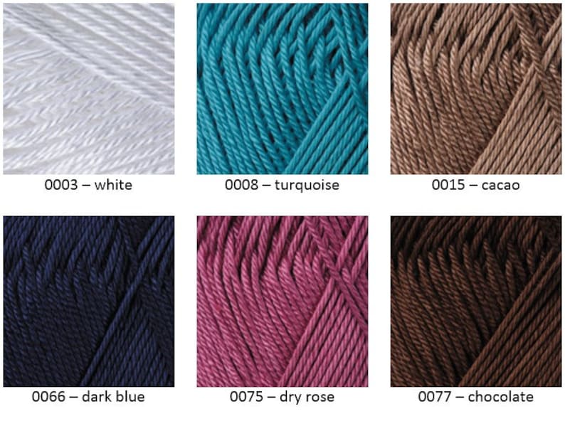 May include: Six skeins of yarn in different colors: white, turquoise, brown, dark blue, pink, and chocolate. The yarn is arranged in two rows of three skeins each. The skeins are labeled with their color and number.