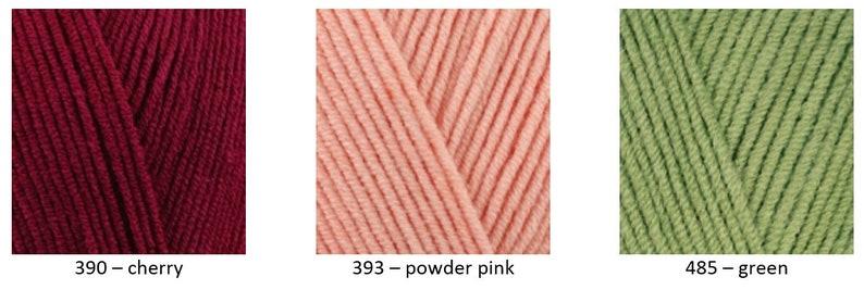 May include: Three balls of yarn in different colours: cherry red, powder pink, and green. The yarn is a soft, textured, and is suitable for knitting or crocheting.
