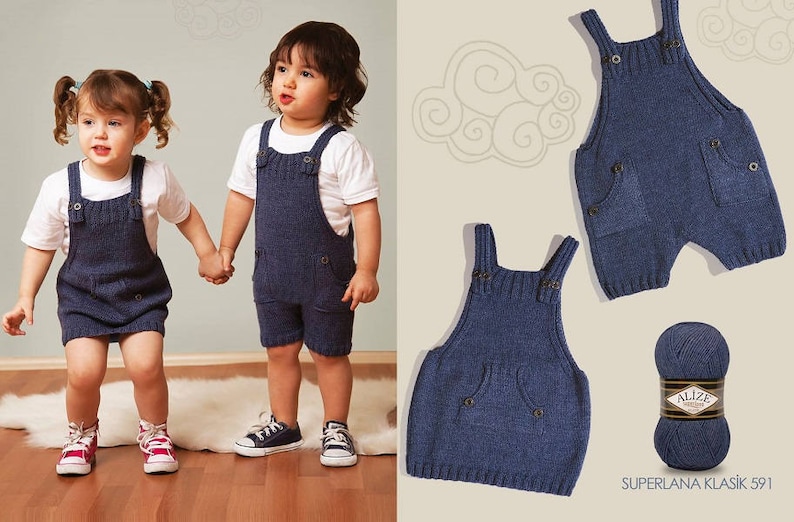 May include: Two children wearing blue knitted overalls. The overalls have pockets and are made with a blue yarn. The yarn is labeled "Superlana Klasik 591".