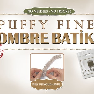 May include: A close-up of a brown and beige ombre yarn ball with the text "alize" on the label. The yarn is puffy and fine, and the label says "Puffy Fine Ombre Batik". The yarn is for hand knitting and crocheting, and the label says "No Needles - No Hooks!" and "Only Use Your Hands!"