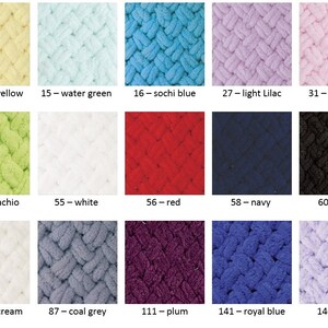 May include: A color chart showing 15 different yarn colors. The yarn is a soft, fuzzy texture and has a braided pattern. The colors include light yellow, water green, sochi blue, light lilac, light pink, pistachio, white, red, navy, black, light cream, coal grey, plum, royal blue, and lilac.