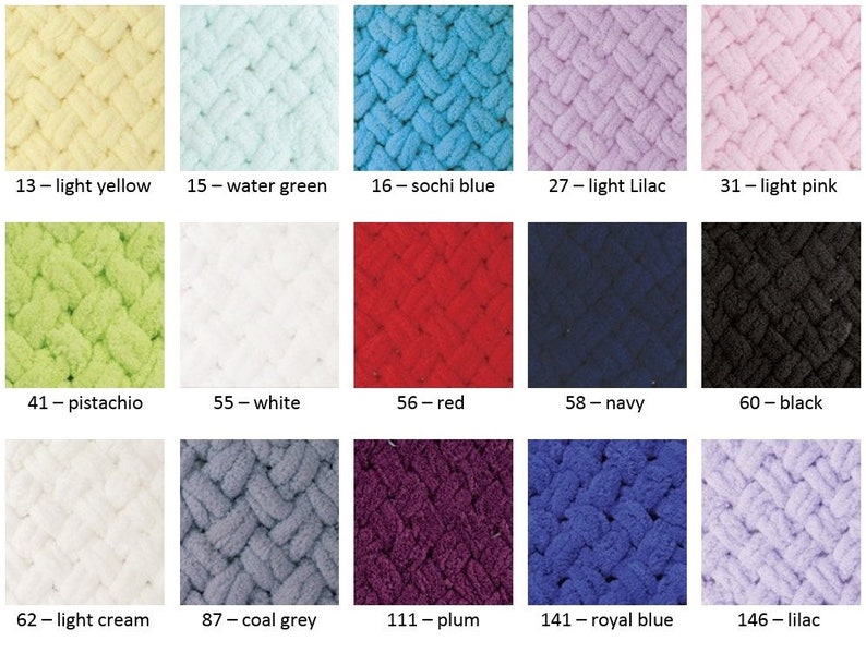May include: A color chart showing 15 different yarn colors. The yarn is a soft, fuzzy texture and has a braided pattern. The colors include light yellow, water green, sochi blue, light lilac, light pink, pistachio, white, red, navy, black, light cream, coal grey, plum, royal blue, and lilac.