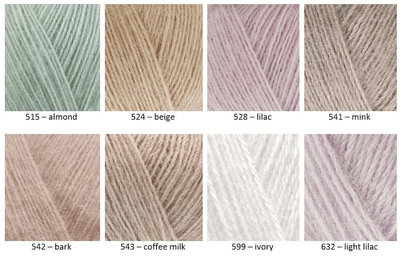 Op de afbeelding: Een verzameling garenstalen in verschillende tinten beige, roze en groen. Het garen is gerangschikt in een raster met de kleurennamen en -nummers onder elk staal.