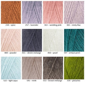 May include: A color chart of yarn samples in various shades, including spice, lavender, wedding pink, misty lilac, powder, denim melange, pearl, antique green, light aqua, mink, brown melange, and pistachio.