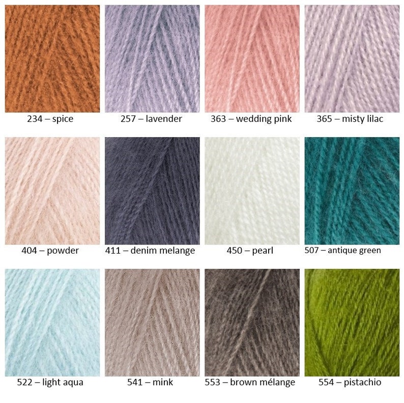 May include: A color chart of yarn samples in various shades, including spice, lavender, wedding pink, misty lilac, powder, denim melange, pearl, antique green, light aqua, mink, brown melange, and pistachio.