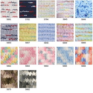 May include: A collection of 17 different yarn samples in various colors and textures. The yarn is arranged in a grid pattern with each sample labeled with a number.