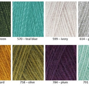 May include: Yarn samples in various colors, including dark green, teal blue, ivory, grey melange, mustard, olive, plum, and menthol. The yarn is arranged in a grid pattern.