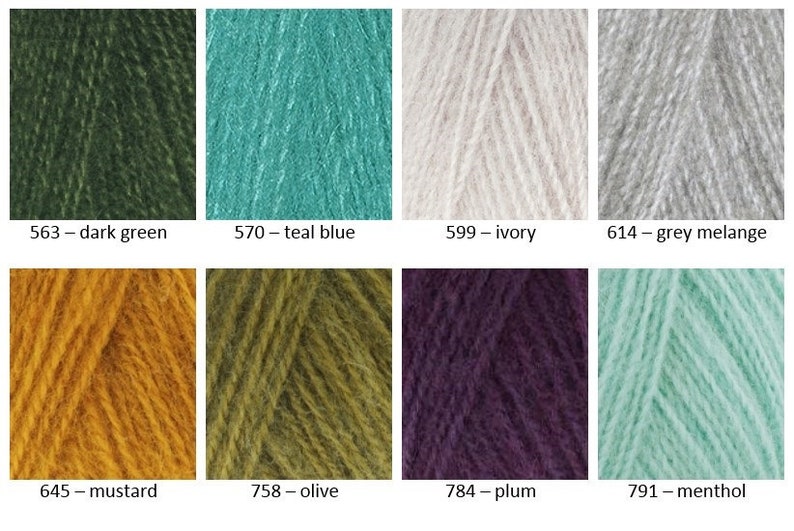 May include: Yarn samples in various colors, including dark green, teal blue, ivory, grey melange, mustard, olive, plum, and menthol. The yarn is arranged in a grid pattern.