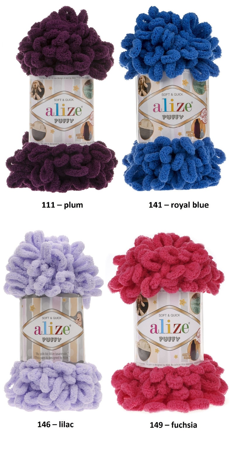 May include: Four skeins of Alize Puffy yarn in different colors: plum, royal blue, lilac, and fuchsia. The yarn is soft and quick to work with, and is perfect for creating cozy blankets, scarves, and hats.