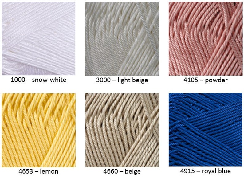 May include: Six skeins of yarn in different colors: snow-white, light beige, powder, lemon, beige, and royal blue. The yarn is arranged in two rows of three skeins each. The skeins are labeled with their corresponding color names and numbers.