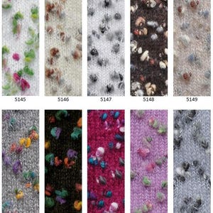 May include: A collection of ten yarn samples in various colors and patterns. The yarn is a fuzzy, speckled texture with small flecks of color throughout. The yarn samples are labeled with numbers from 5145 to 5154.