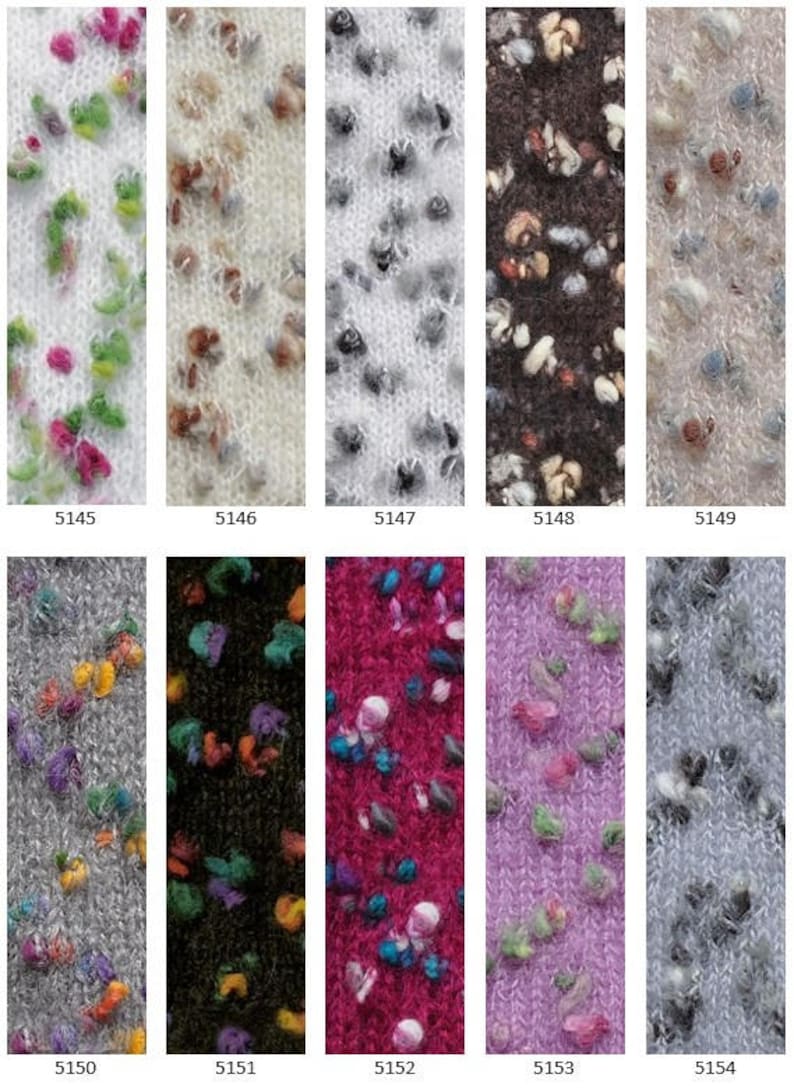 May include: A collection of ten yarn samples in various colors and patterns. The yarn is a fuzzy, speckled texture with small flecks of color throughout. The yarn samples are labeled with numbers from 5145 to 5154.