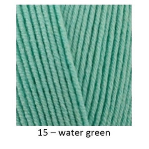 May include: Three balls of yarn in different colours: cream, water green, and blue. The yarn is labelled with numbers and colour names.