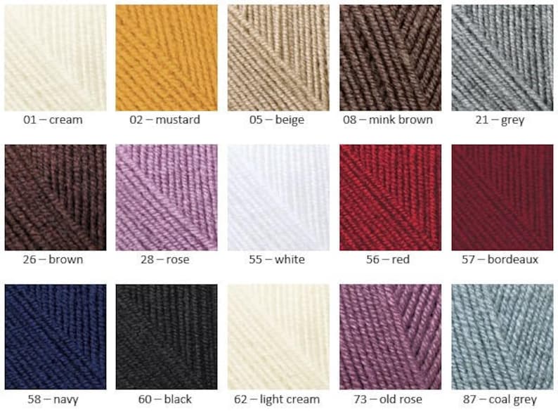 May include: A color chart of yarn samples in various shades of cream, mustard, beige, brown, grey, rose, white, red, burgundy, navy, black, light cream, old rose, and coal grey.