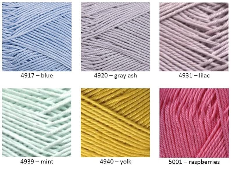 May include: Six skeins of cotton yarn in various colors: blue, gray ash, lilac, mint, yolk, and raspberries. Each skein is labeled with a number and color name.