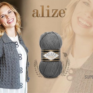 May include: A skein of gray yarn labeled "Alize Superlana Klasik 182". The yarn is shown next to a woman wearing a gray knitted cardigan.