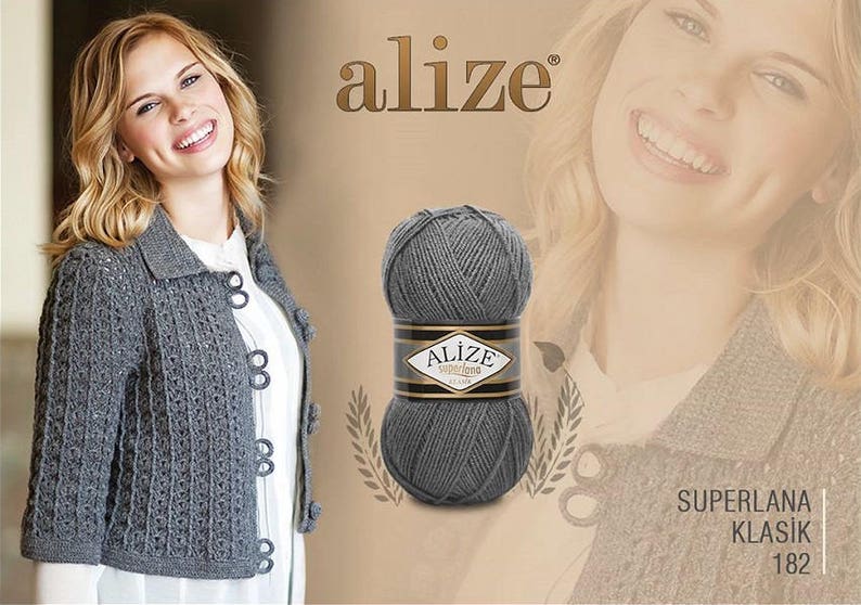 May include: A skein of gray yarn labeled "Alize Superlana Klasik 182". The yarn is shown next to a woman wearing a gray knitted cardigan.