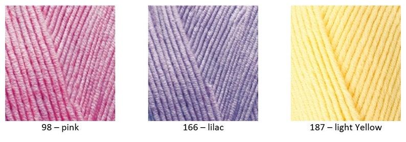 May include: Three balls of yarn in different colours: pink, lilac, and light yellow. The yarn is a soft, textured, and appears to be a blend of cotton and acrylic.