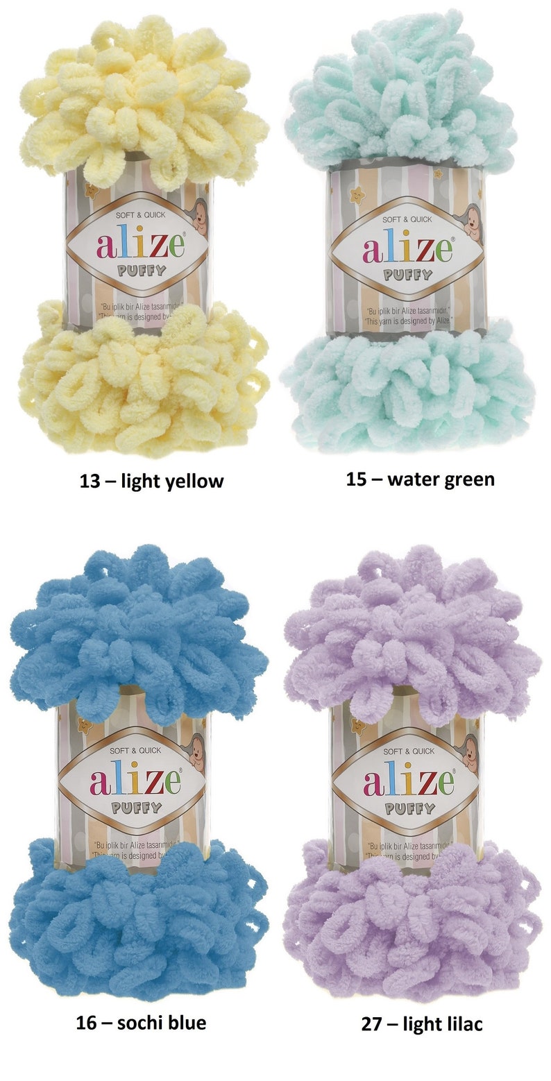 May include: Four skeins of Alize Puffy yarn in different colors: light yellow, water green, sochi blue, and light lilac. Each skein is labeled "Alize Puffy" and "Soft & Quick".
