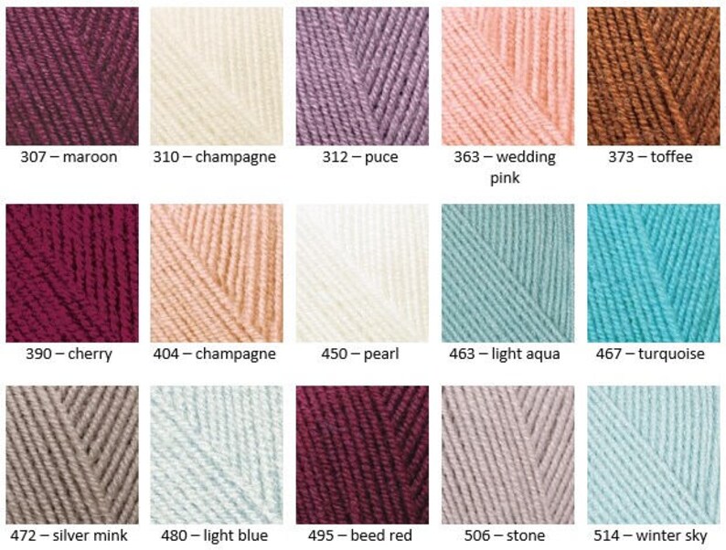 May include: A color chart of yarn samples in various shades of red, pink, blue, brown, gray, and white. The yarn samples are arranged in a grid of 3 rows and 5 columns. Each sample is labeled with a number and a color name.