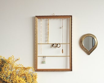 Wall jewelry holder - Earrings display, upcycling, vintage gold frame, organizer, rack, storage, interior decoration