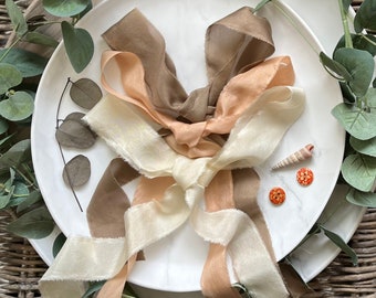 3 x Cream,Coral & brown habotai Organic and Peace silk,Cruelty Free silk ribbons,100% silk botanical Dyed,ethical silk bouquet ribbon bundle