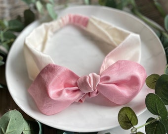 Pink and white bow silk headband, pink ombre organic and peace silk headband, naturally dip dyed cruelty free silk headband, hand dyed silk