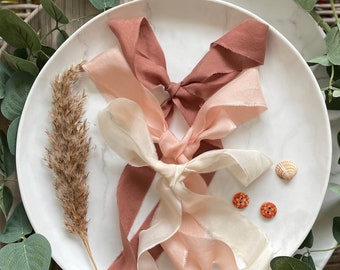 Porcelain, Pink Coral and Dusky Brown Organic and Peace silk ribbons, Cruelty Free silk ribbon, 100% silk Natural plant dyed bouquet ribbon