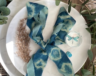 Blue and Teal Shibori silk ribbon,Cruelty Free handdyed silk ribbon,Naturally Tie Dyed organic habotai silk ribbon,Boho tie dyed silk Ribbon