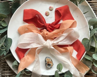 Orange-red, Peach & Palest Coral Organic and Peace silk ribbons, Cruelty Free silk ribbons, 100% silk Natural plant dyed boho bouquet ribbon