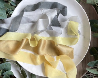 Yellow and Grey Hand dyed silk ribbons, six Organic & Cruelty free habotai silk ribbons, Natural plant dyed ribbon, eco bouquet silk ribbon