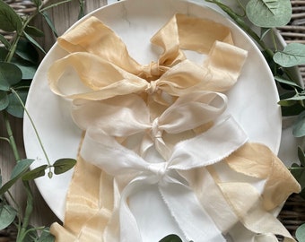 Gold,Pale Gold,Porcelain and White Organic & Peace habotai silk ribbons,Cruelty Free silk ribbon,100% silk Natural plant dyed bouquet ribbon