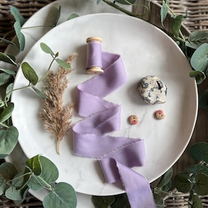 Fitas de seda de bambu orgânico lilás, fita roxa vegana, fita orgânica tingida naturalmente, fita tingida à mão com lavanda ecológica, fita de seda sustentável