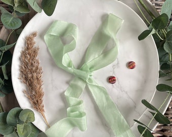Mint Green 128 Peace silk ribbon, 100% silk naturally dyed in green colour, hand dyed cruelty free silk ribbon, wedding bouquet silk ribbon