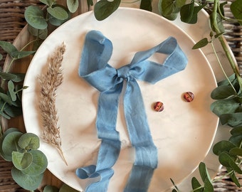 Blue 163 Peace silk ribbon, 100% silk naturally dyed in Flycatcher blue colour, hand dyed cruelty free silk ribbon, wedding bouquet ribbon