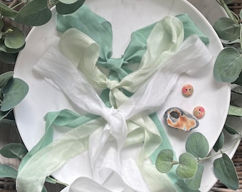 Green Emerald, Mint and White Organic & Peace habotai silk ribbons,Cruelty Free silk ribbon,100% silk Natural plant dyed bouquet ribbon,Boho