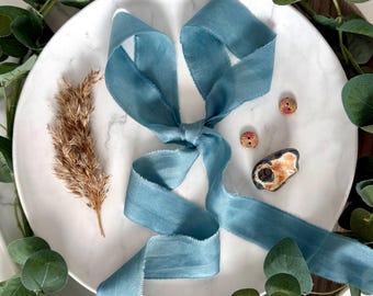 Blue Steel Peace habotai silk ribbon,100% silk naturally dyed in blue aqua colour,cruelty free silk ribbon, wedding bouquet boho silk ribbon