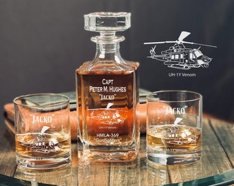 Personalized Huey Helicopter Whiskey Decanter Set, Huey Pilot Gift, Pilot Gift, Huey Venom Chopper Decanter, Engraved Decanter, Super Huey