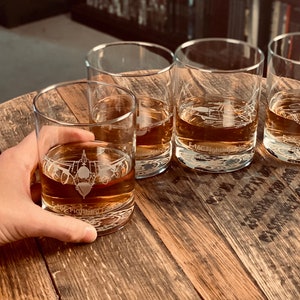 May include: Four clear glass tumblers filled with amber liquid, each featuring an etched graphic of an F-16C Fighting Falcon aircraft. The glasses have a cylindrical shape and are arranged on a circular wooden surface with visible grain.