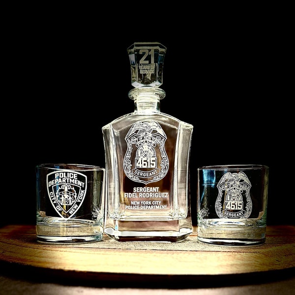 Custom NYPD Badge Whiskey Decanter Set, Police Retirement Gift