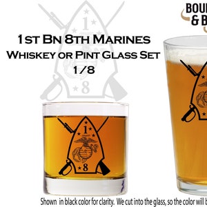 1st Bn 8th Marines - Whiskey Glass Set, Marine Corps Gift, Infantry, 0311, 0331, 0341, 0352, Retirement Gift, Promotion, USMC Ball