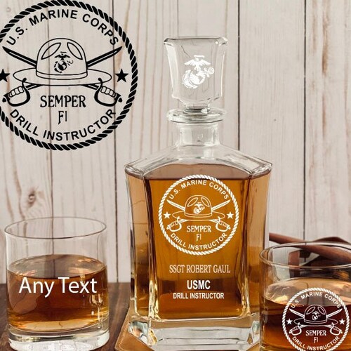 Personalized shops USMC Marine Drill Sergeant Whiskey Decanter Set, Gift for Marine, Marine Corps Gift, Military Retirement Gift