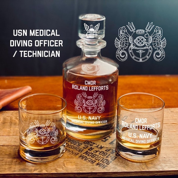 Navy Medical Diving Officer / Technician - Personalized,  Whiskey Decanter Set, Navy Diver Decanter, Military Retirement Gift, Navy Gift