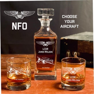 Personalized Naval Flight Officer Whiskey Decanter Set - Navy NFO, Navy Retirement Gift, Commissioning, USN, Pilot, Military Gift, Winging
