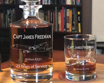 Personalized Airline Pilot Aircraft Whiskey Decanter Set, Pilot Retirement Gift