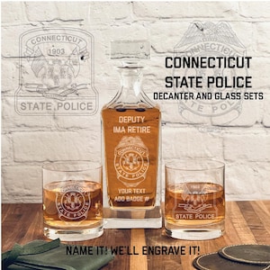 Connecticut State Police Badge Whiskey Decanter Gift Set - Personalized Gifts for Law Enforcement Retirements and Promotions