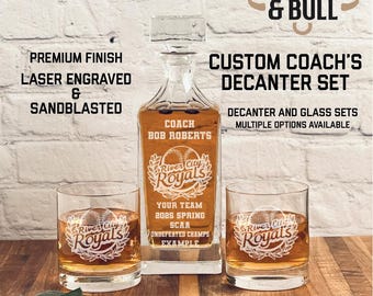 Regalo para entrenador de béisbol, juego de decantador de whisky grabado, diseño personalizado del equipo