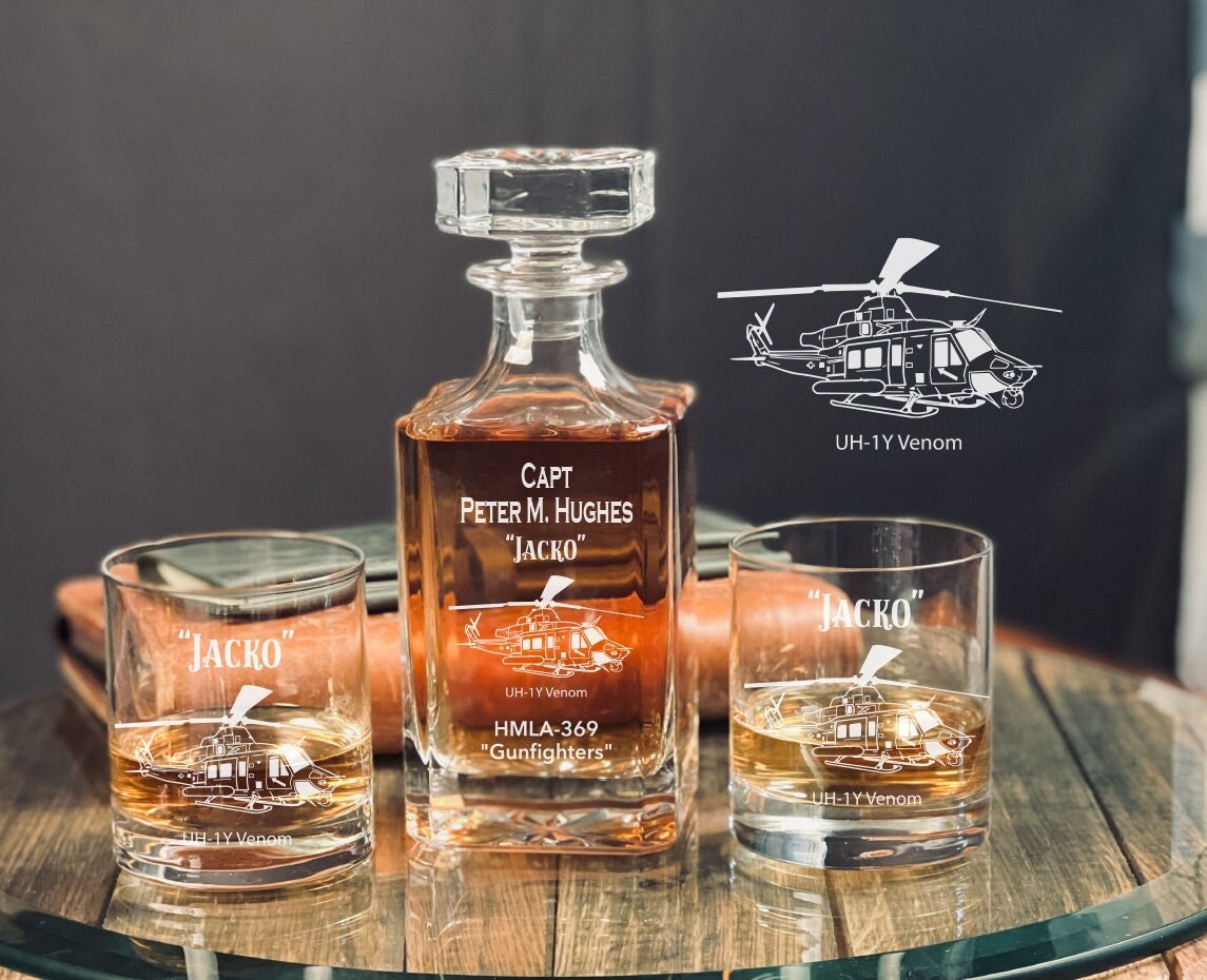 Personalized Huey Helicopter Whiskey Decanter Set, Huey Pilot Gift, Pilot Gift, Huey Venom Chopper Decanter, Engraved Decanter, Super Huey