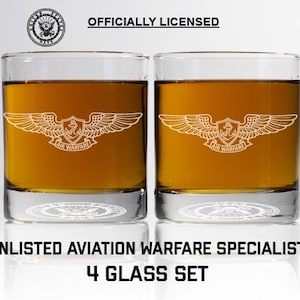 Personalized Aviation Warfare Specialist Whiskey Glass Set - Enlisted Aviation Warfare Badge,  Navy Promotion and Retirement Gift Set